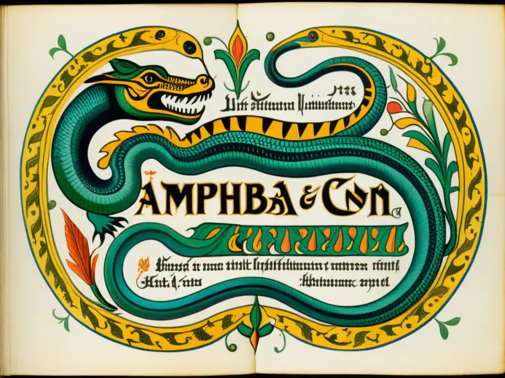 Bestiario medieval: Amphisbaena y Culebras con Patas Detalle de ilustración medieval de criaturas místicas bestiario, Amphisbaena y Culebras con Patas, rodeadas de caligrafía y colores vibrantes