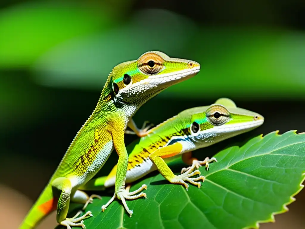 Detalle de la danza de apareamiento de dos lagartos anolis, resaltando la energía y patrones de sus escamas