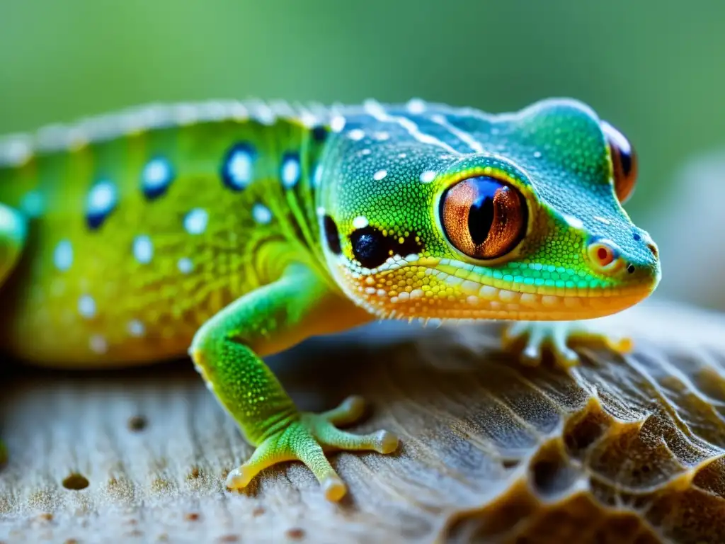 Detalle de dermatitis fúngica en gecko con escamas afectadas y signos visibles de irritación en la piel