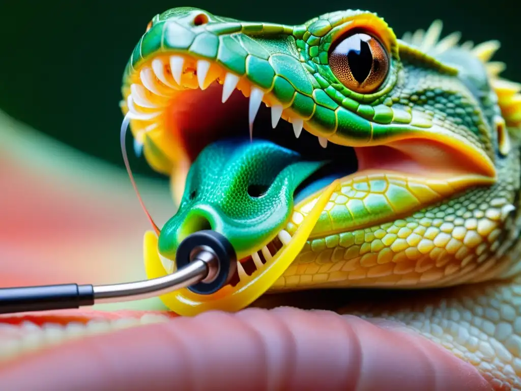 Detalle de endoscopia en reptiles, mostrando la delicada inserción en la cavidad oral