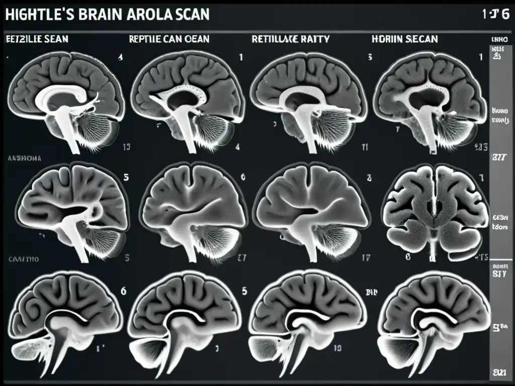 Detalle en escala de grises del escaneo cerebral de un reptil con actividad anormal durante una convulsión