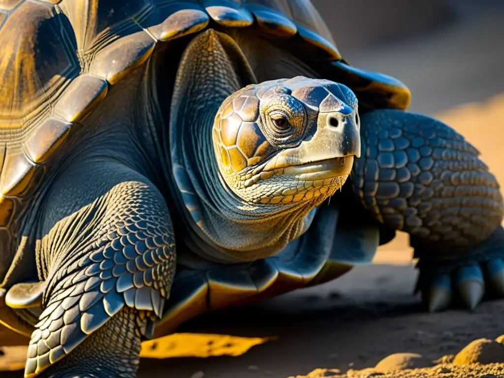 Detalle de las escamas de una antigua tortuga gigante de Galápagos, mostrando patrones y texturas intrincados