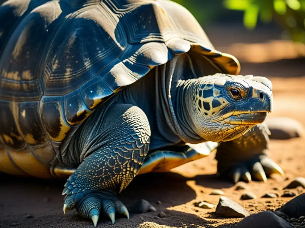 Detalle de las escamas de una antigua tortuga de Galápagos, revelando patrones y texturas, con la luz solar filtrándose a través de la vegetación