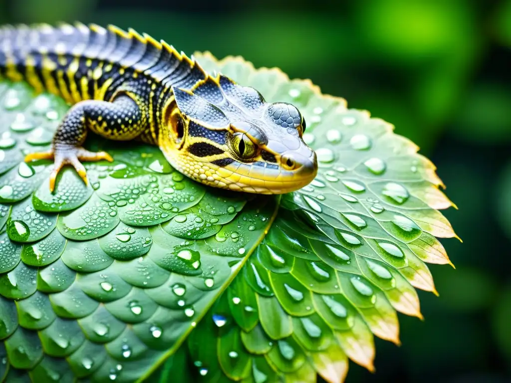 Detalle de escamas brillantes de reptil en agua, resaltando la importancia de la hidratación