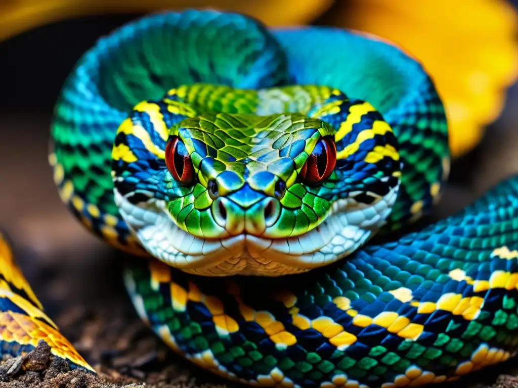 Detalle 8k de las escamas y colmillos venenosos de una serpiente letal, capturando su belleza amenazante