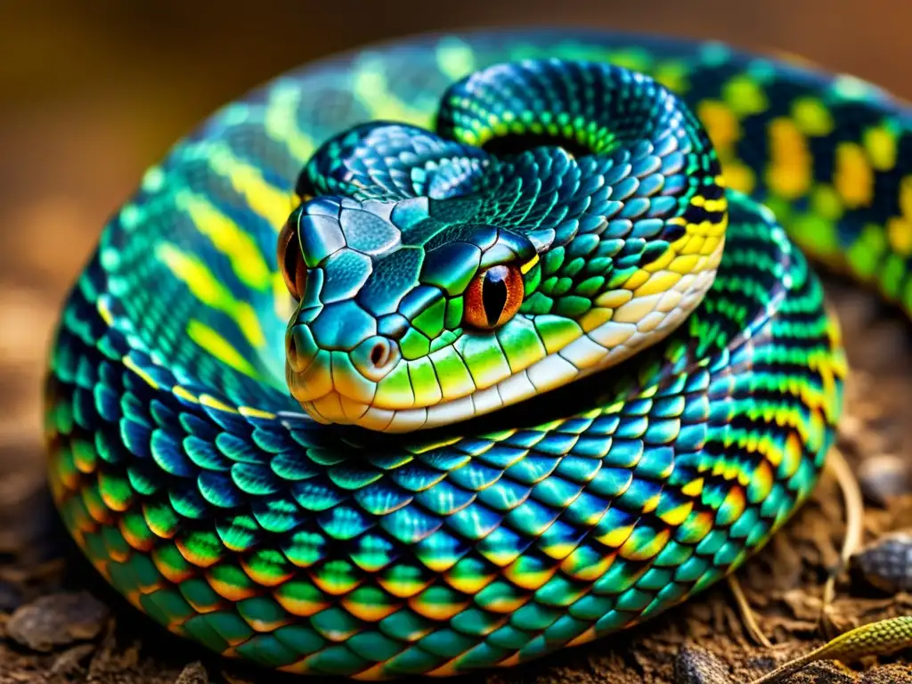 Detalle de las escamas y colores vibrantes de la piel de un reptil venenoso, mostrando sus patrones únicos y texturas para camuflaje y protección