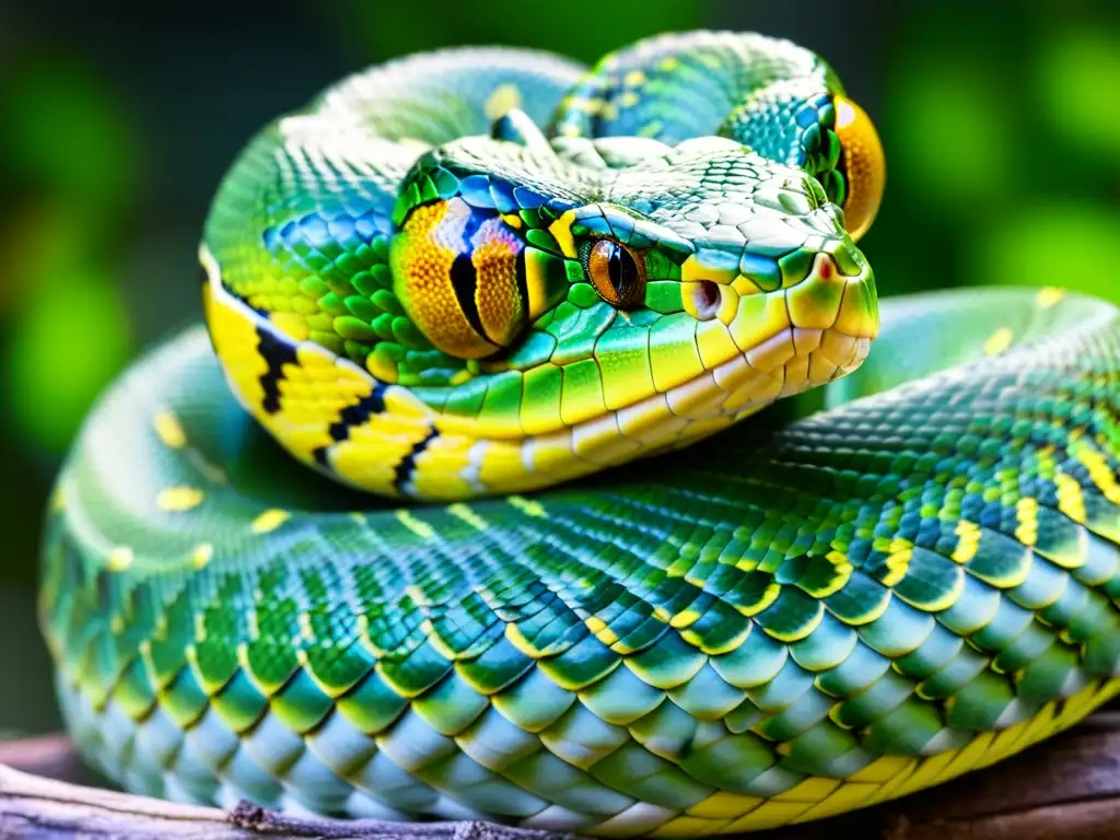 Detalle de escamas y colorido de pitón verde en árbol, adaptaciones al veneno en reptiles