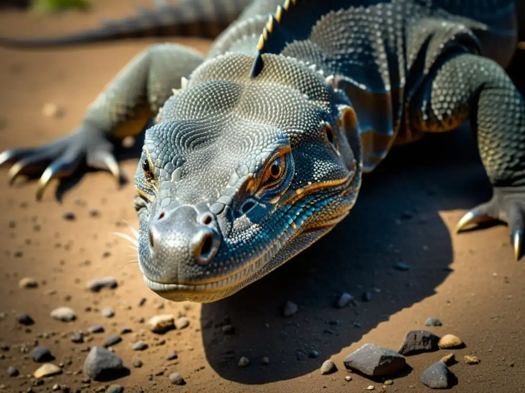 Detalle en 8k de las escamas de un dragón de Komodo, resaltando la genética única de la piel del reptil bajo la luz solar