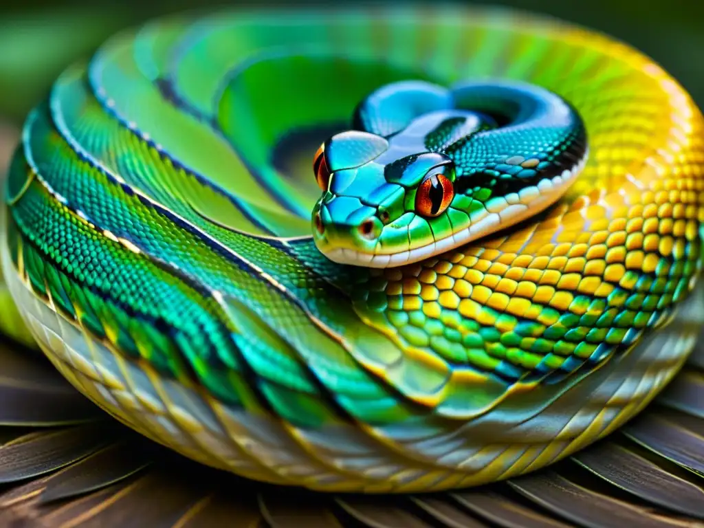 Detalle de las escamas iridiscentes de una serpiente, mostrando su belleza única