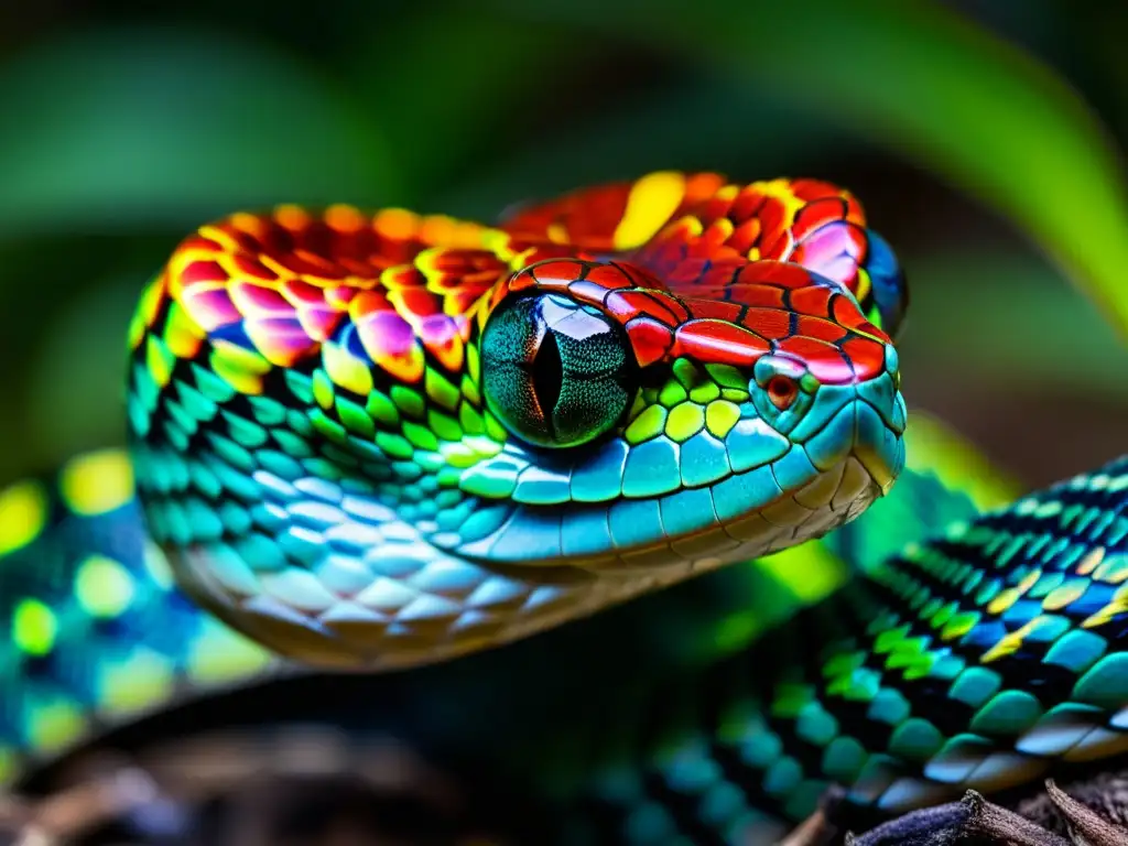 Detalle de las escamas iridiscentes de una víbora de Wagler, mostrando su patrón intrincado y colores vibrantes