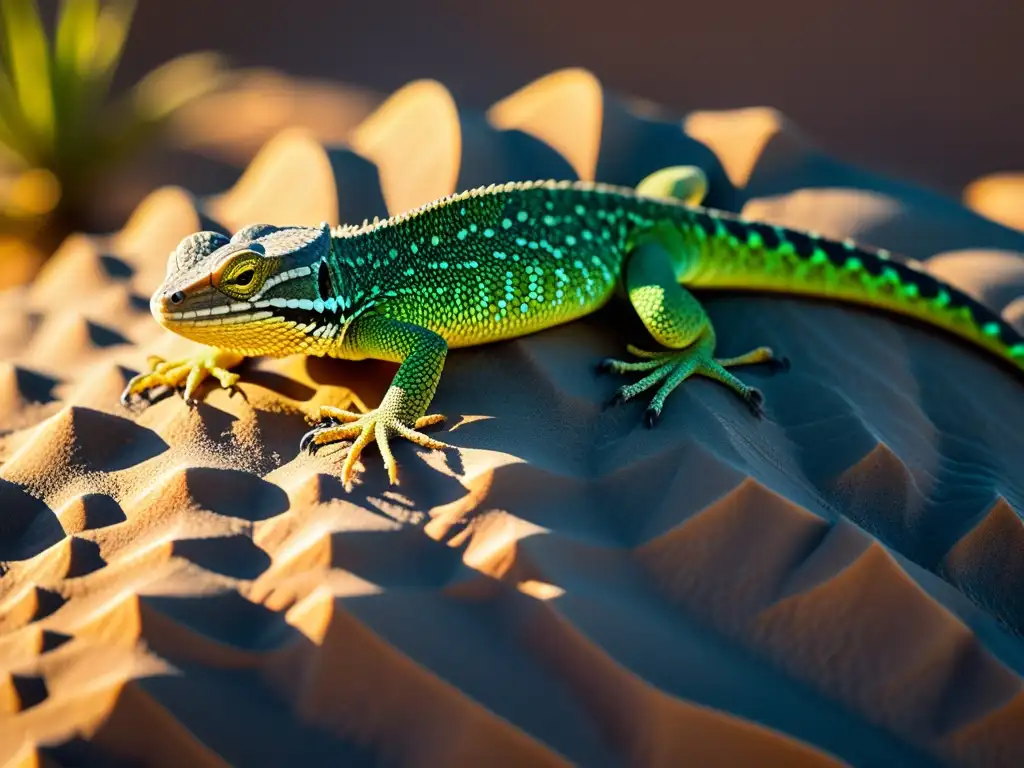 Detalle de las escamas de un lagarto del desierto, mostrando sus patrones y texturas para adaptarse al medio