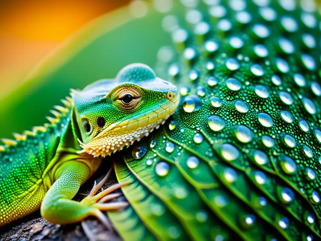 Detalle de las escamas de un lagarto con gotas de agua, resaltando la adaptación de reptiles a cambios climáticos