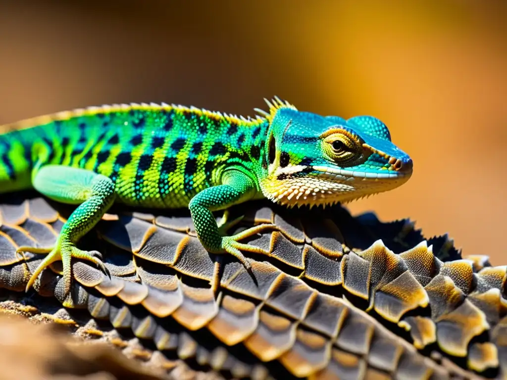 Detalle de escamas de lagarto bajo el sol, mostrando adaptación de reptiles a cambios climáticos