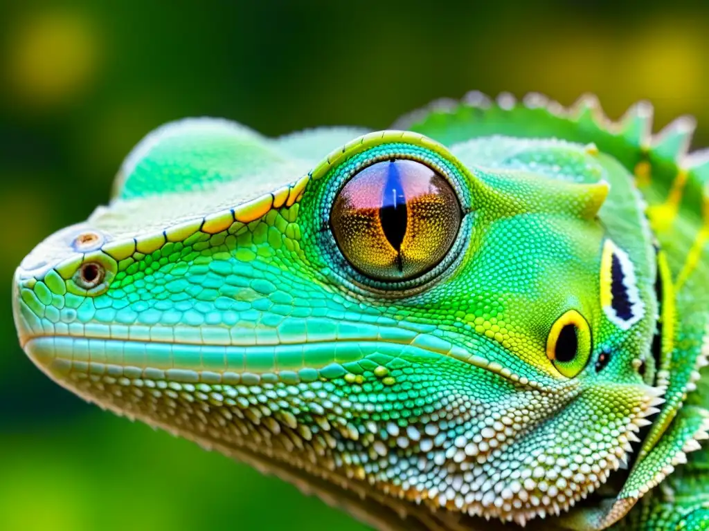 Detalle de las escamas de un lagarto verde vibrante, mostrando patrones e iridiscencia