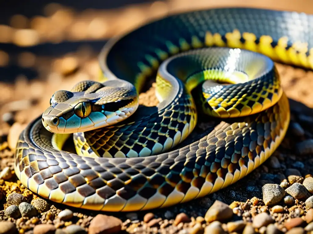 Detalle de las escamas y piel de una serpiente en movimiento, comunicación reptiles a través suelo