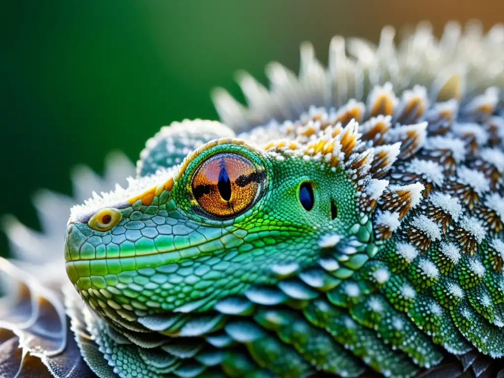 Detalle de las escamas de reptil cubiertas de escarcha, transmitiendo calma y brumación en reptiles