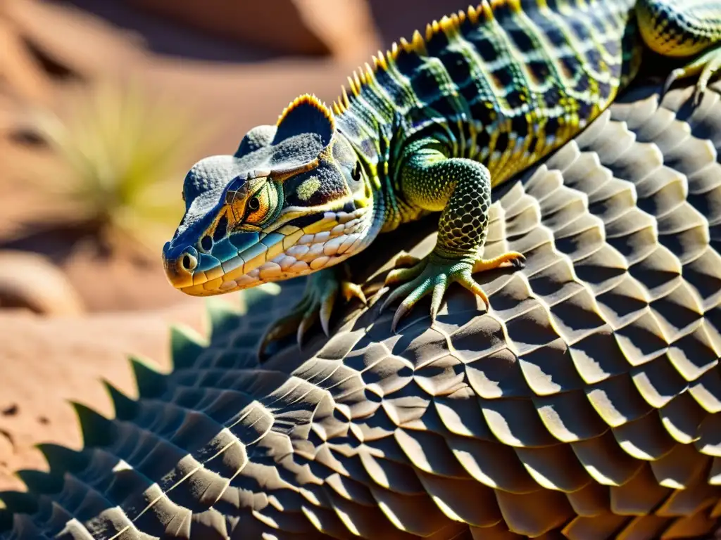 Detalle de las escamas de un reptil en desierto, adaptaciones de reptiles en desiertos son evidentes en su piel y entorno árido