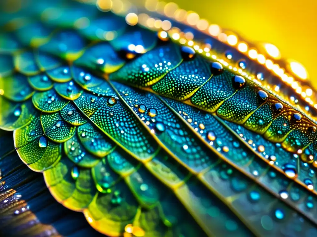 Detalle de las escamas de un reptil con gotas de agua, destacando la textura e iridiscencia