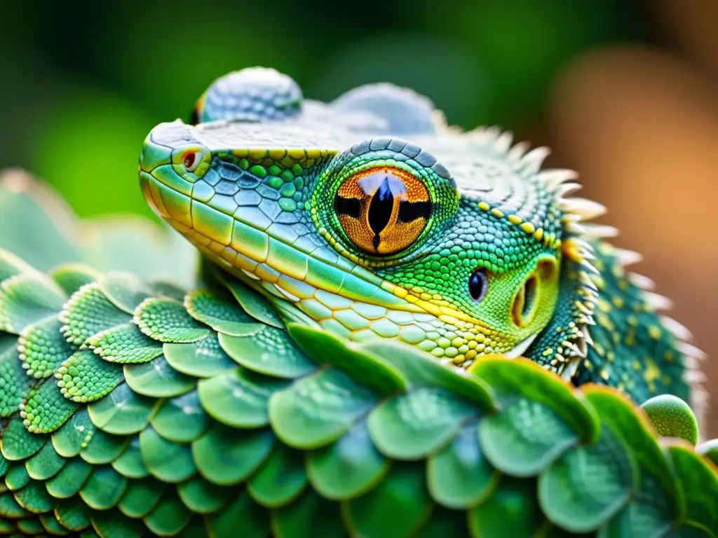 Detalle de las escamas de un reptil en su hábitat natural, con un enfoque en los ojos que refleja su vibrante presencia