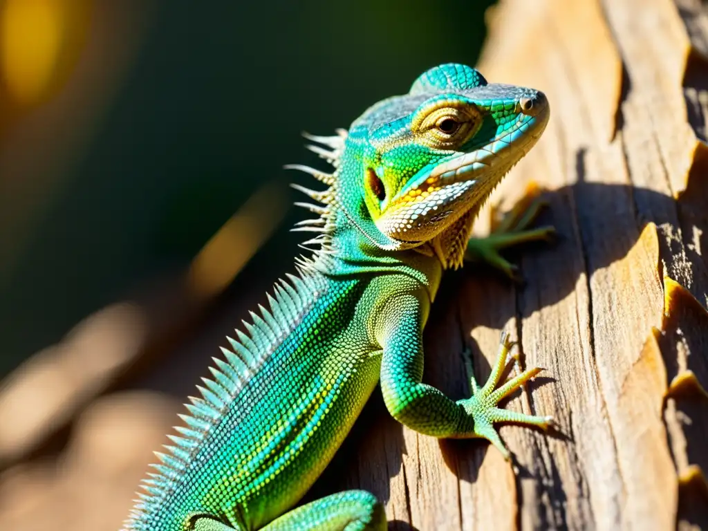 Detalle de las escamas del reptil bajo la luz solar, mostrando la adaptación genética de reptiles al cambio climático