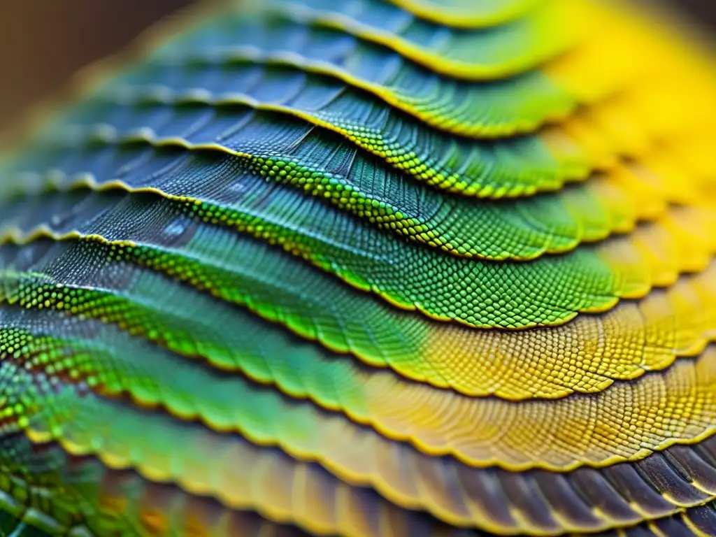 Detalle de escamas de reptil, con patrones y texturas vibrantes de tonos terrosos, verdes y amarillos