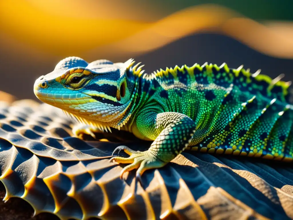 Detalle de escamas de reptil con monitorización remota de salud, resaltando texturas y patrones en cálido entorno natural