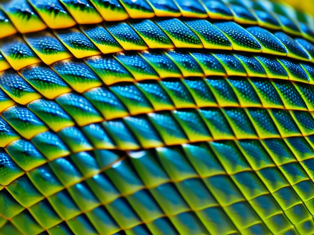 Detalle de escamas de reptil en alta resolución, mostrando patrones, texturas y colores