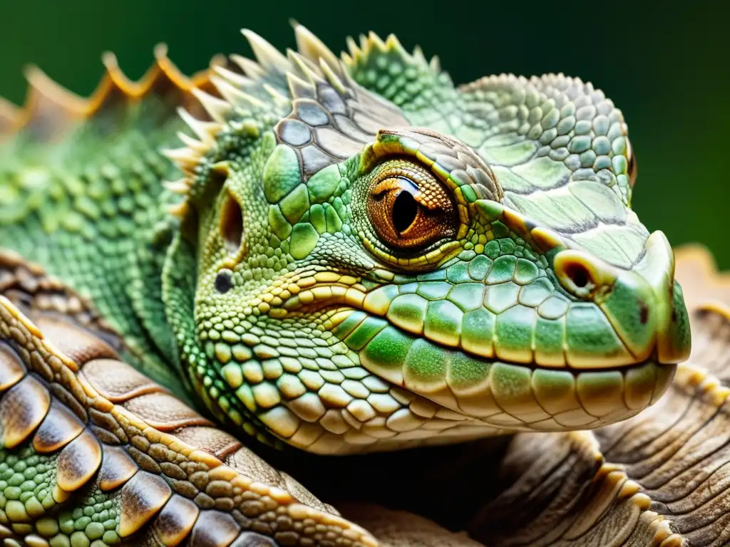 Detalle de escamas de reptil con tumor verde y marrón