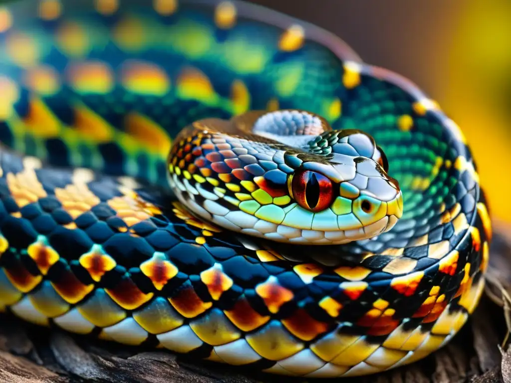 Detalle del patrón de escamas de una serpiente, con brillo iridiscente y colores vibrantes