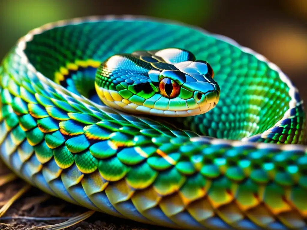 Detalle de las escamas de una serpiente con patrón iridiscente, reflejando luz y revelando complejidad en su sistema vascular