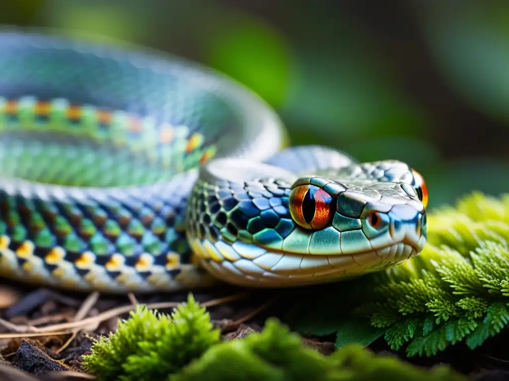 Detalle de las escamas de una serpiente milenaria en evolución, deslizándose por el suelo del bosque cubierto de musgo