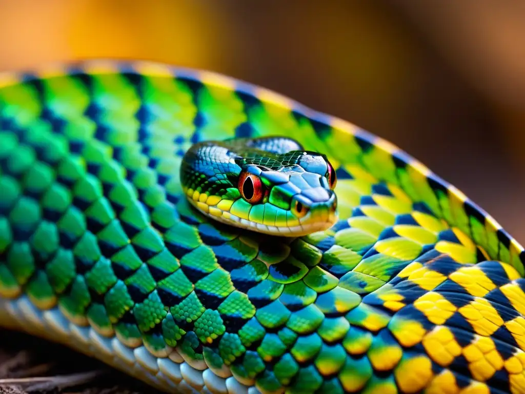 Detalle ultrarresolución de las escamas de una serpiente, mostrando sus patrones intrincados y brillo natural