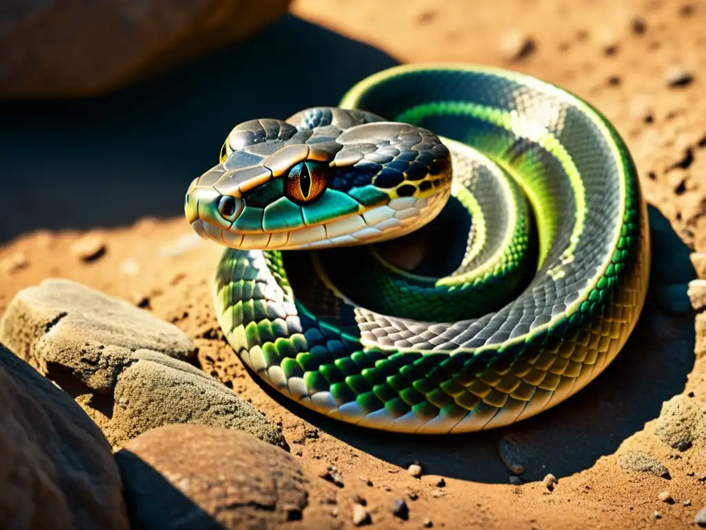 Detalle de las escamas de una serpiente, mostrando sus patrones y texturas mientras se desplaza sobre rocas