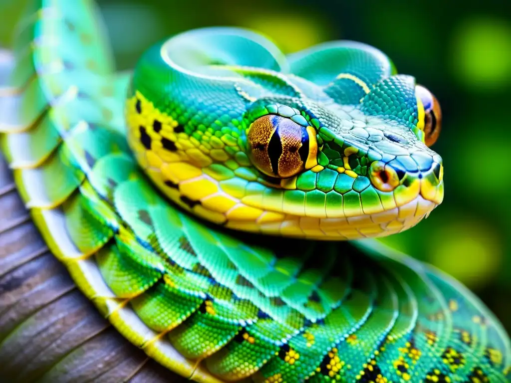 Detalle de las escamas de una serpiente pitón verde en su hábitat natural, mostrando su camuflaje y adaptaciones evolutivas