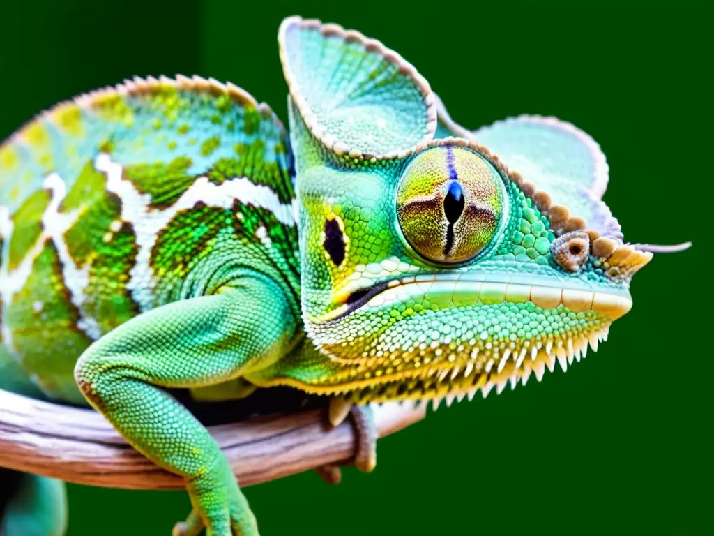 Detalle de las escamas de un camaleón verde capturando un insecto en una rama, revelando su asombrosa habilidad de caza