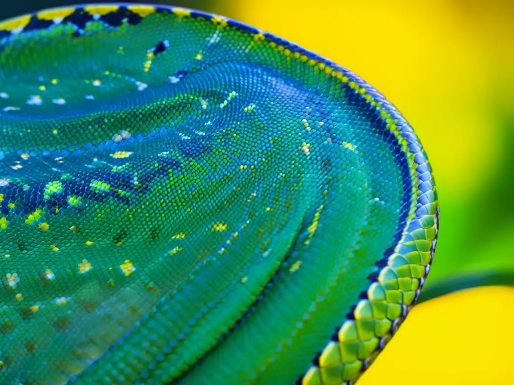 Detalle de las escamas de una pitón verde con luz natural, destacando la belleza y complejidad de su anatomía