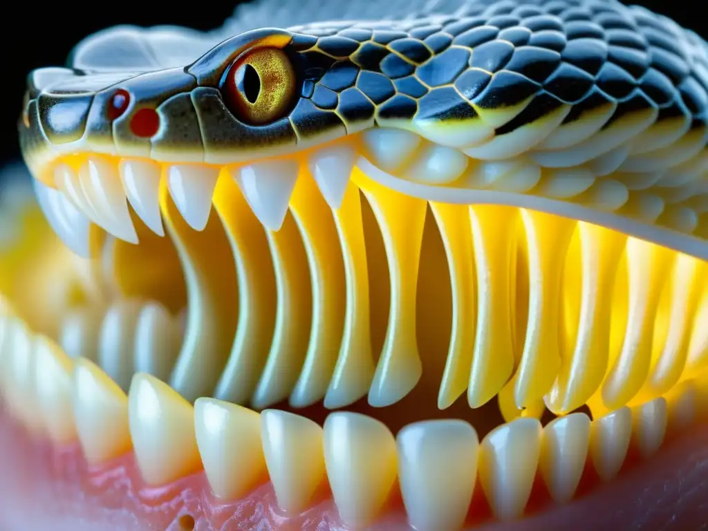 Detalle de la dentición especializada de una serpiente, destacando la evolución y diversificación de dientes de reptiles