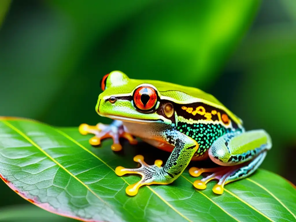 Detalle excepcional de una rana de ojos rojos en la selva, resaltando la importancia de los anfibios en biodiversidad