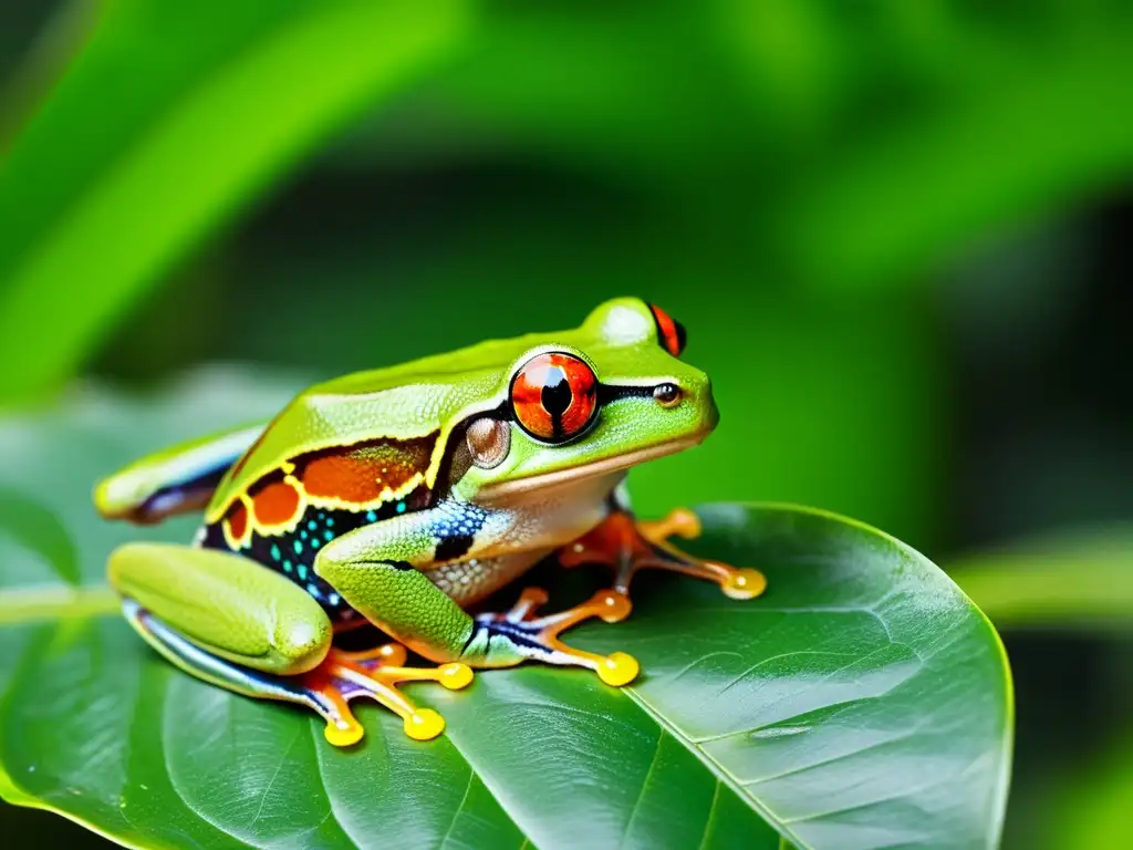 Detalle de una exuberante rana de ojos rojos en su hábitat natural, resaltando la importancia de la conservación de anfibios en zonas húmedas