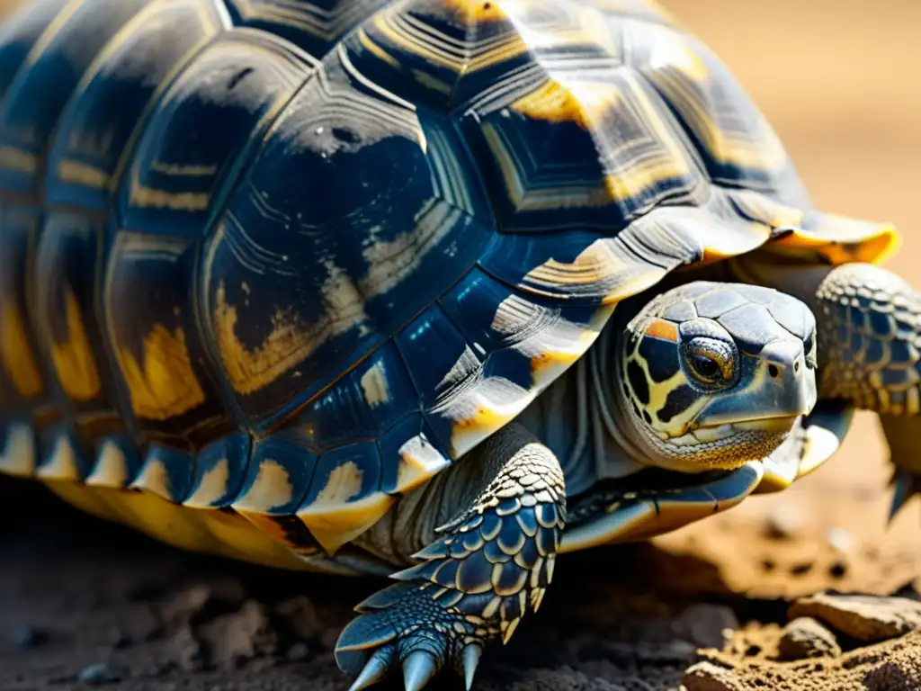 Detalle fascinante del caparazón de una tortuga, mostrando signos de salud y edad