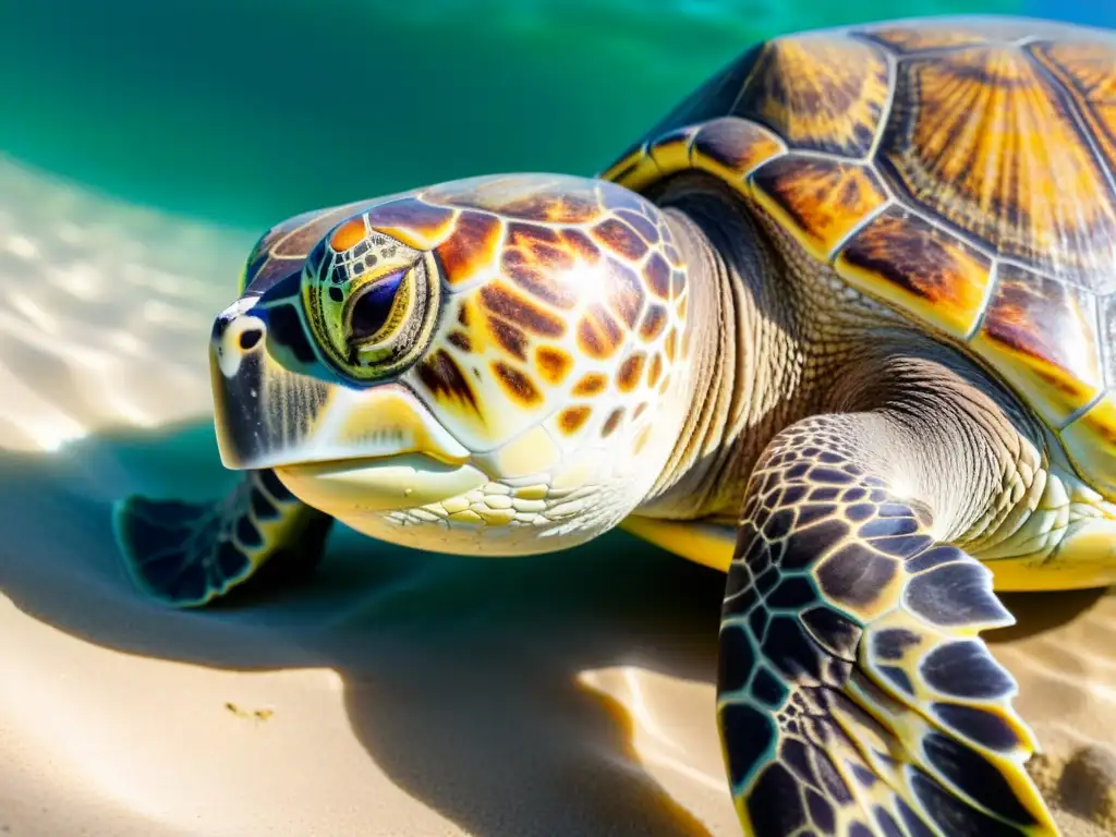 Detalle fascinante de la concha de una tortuga marina, mostrando patrones y texturas