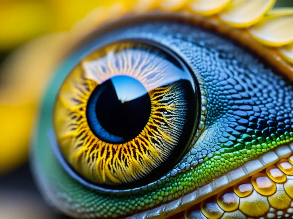 Detalle fascinante del iris dorado y escamas alrededor del ojo de un gecko, mostrando su aguda visión y naturaleza depredadora