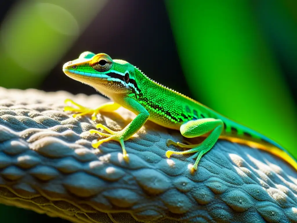 Detalle fascinante de un lagarto anolis verde bajo luz UVB, resaltando su color y textura