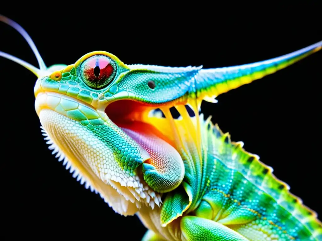 Detalle fascinante de una lengua de reptil capturando un grillo, resaltando la textura de las escamas y el movimiento delicado