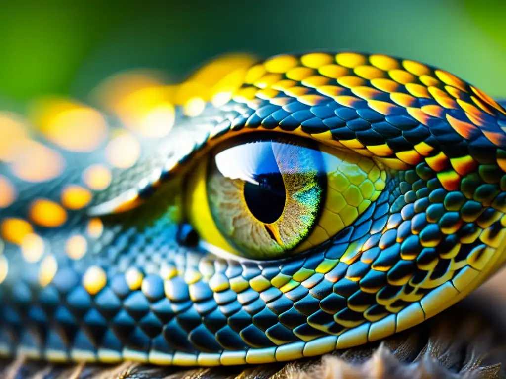 Detalle fascinante del ojo de una serpiente, con patrones hipnóticos y un brillo cauteloso