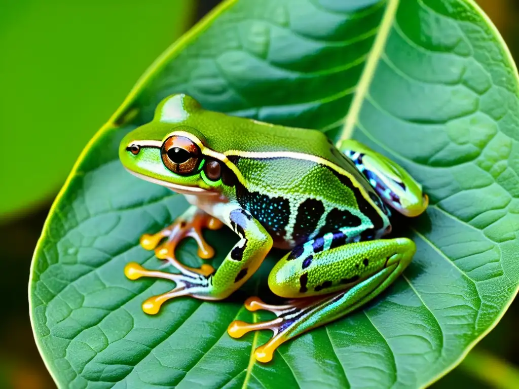 Detalle fascinante de una rana verde en una hoja, mostrando sus patrones de piel y diferencias nutricionales entre reptiles y anfibios