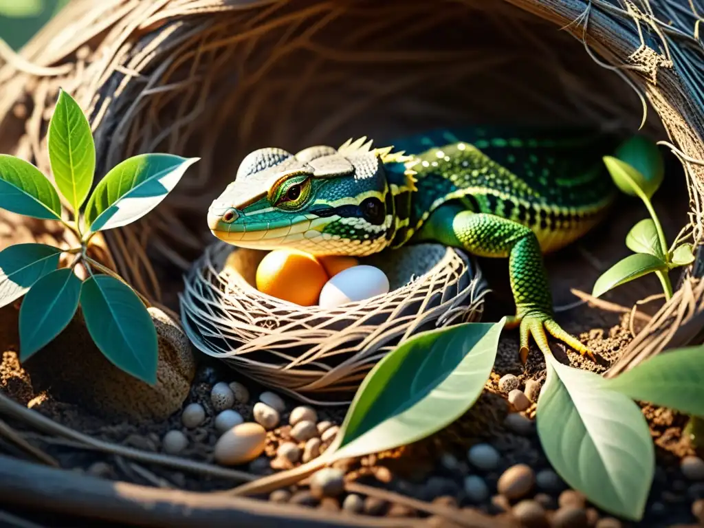 Detalle fascinante de una reptil hembra depositando huevos en un nido, con escamas y textura nítidas