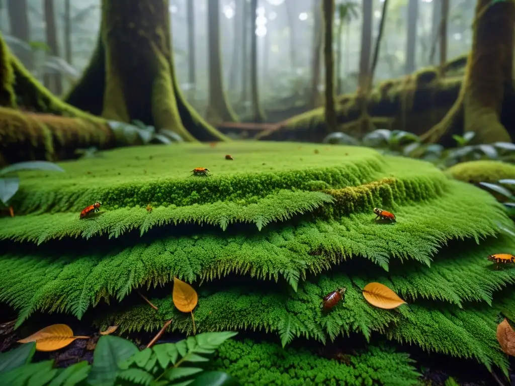 Detalle de hojas y musgo en microhábitats de anfibios en selva tropical, evocando vida y misterio