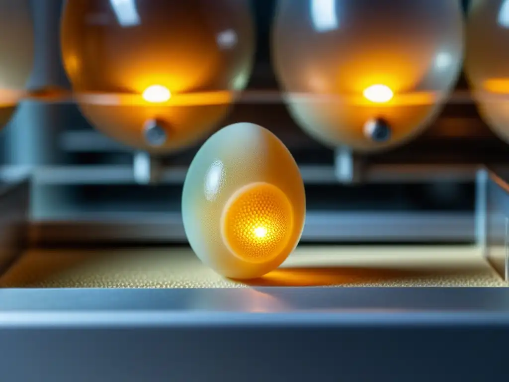 Detalle de huevo de reptil en incubadora, con determinación sexual mediante temperatura, destacando textura y venas en el caparazón translúcido