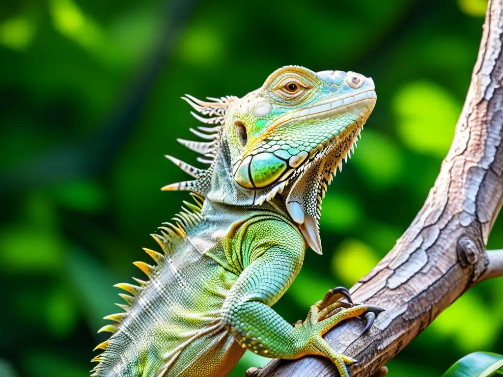 Detalle de una iguana verde en su hábitat natural, destacando la vida silvestre